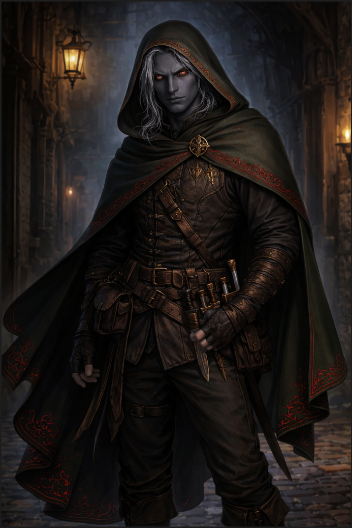 Portrait of Perric in a hooded cloak.